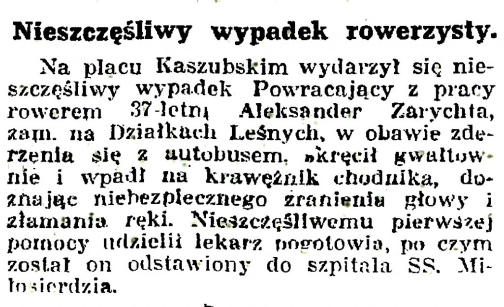 Nieszczęśliwy wypadek rowerzysty // Gazeta Gdańska. - 1939, nr 14, s. 7