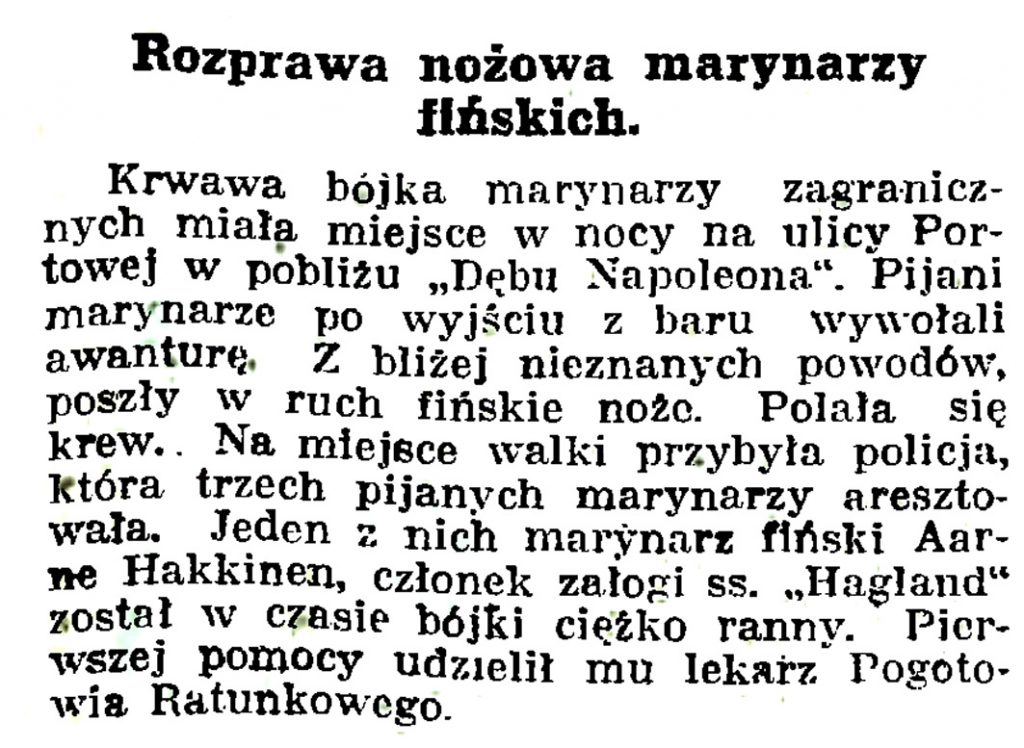 Rozprawa nożowa marynarzy fińskich // Gazeta Gdańska. - 1939, nr 14, s. 7