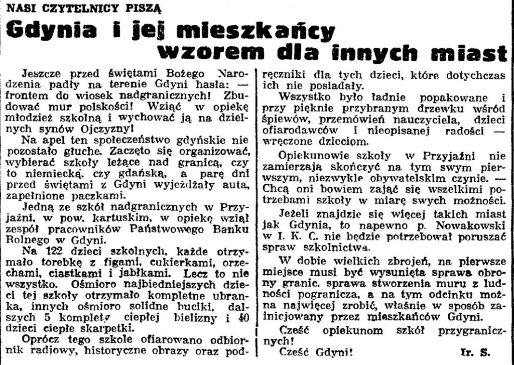 Gdynia i jej mieszkańcy wzorem dla innych miast / Ir. S. // Gazeta Gdańska.- 1939, nr 14, s. 7