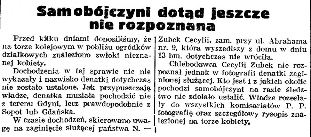 Samobójczyni dotąd jeszcze nie rozpoznana // Gazeta Gdańska. - 1939, nr 16, s. 7