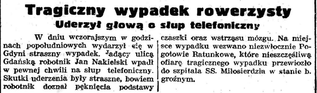 Tragiczny wypadek rowerzysty. Uderzył głową w słup telefoniczny // Gazeta Gdańska. - 1939, nr 17, s. 5