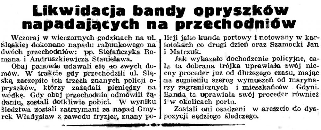Likwidacja bandy opryszków napadających na przechodniów // Gazeta Gdańska. - 1939, nr 17, s. 7