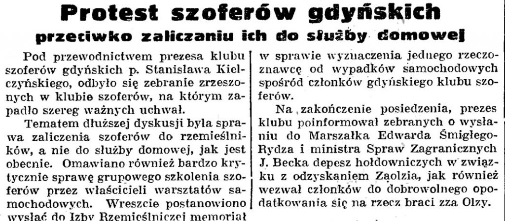 Protest szoferów gdyńskich przeciwko zaliczeniu ich do służby domowej // Gazeta Gdańska. - 1939, nr 250, s. 6