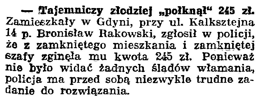 Tajemniczy złodziej "połknął" 245 zł // Gazeta Gdańska. - 1939, nr 252, s. 7