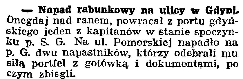 Napad rabunkowy na ulicy w Gdyni // Gazeta Gdańska. - 1939, nr 252, s. 7