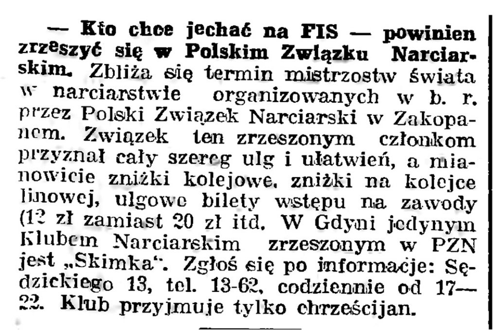 Kto chce jechać na FIS - powinien zrzeszyć się w Polskim Związku Narciarskim // Gazeta Gdańska. - 1939, nr 3, s. 7