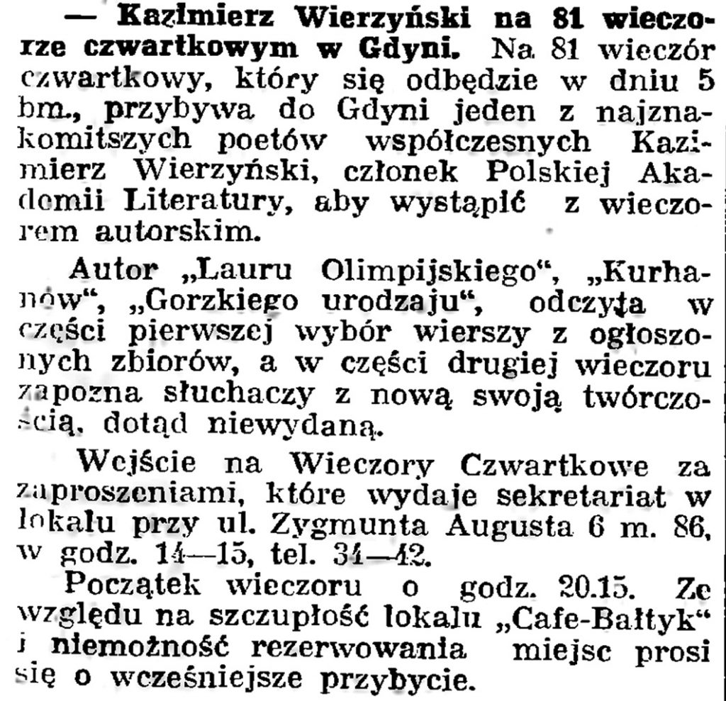 Kazimierz Wierzyński na 81 wieczorze czwartkowym w Gdyni // Gazeta Gdyńska. - 1939, nr 3, s. 7