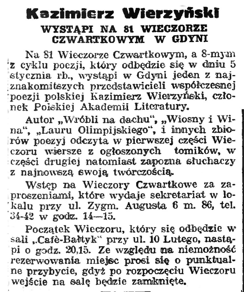 Kazimierz Wierzyński wystąpi na Wieczorze Czwartkowym w Gdyni // Gazeta Gdyńska. - 1939, nr 4, s. 7