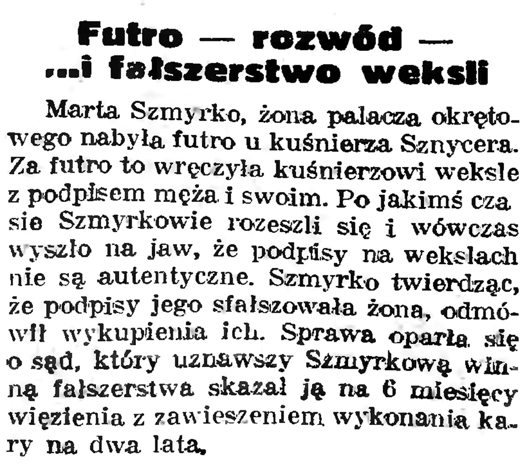 Futro - rozwód - ... i fałszerstwo weksli // Gazeta Gdańska. - 1939, nr 4, s. 7