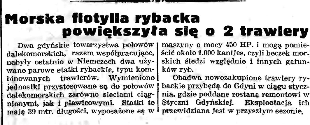 Morska flotylla rybacka powiększyła się o 2 trawlery // Gazeta Gdańska. - 1939, nr 5, s. 7 