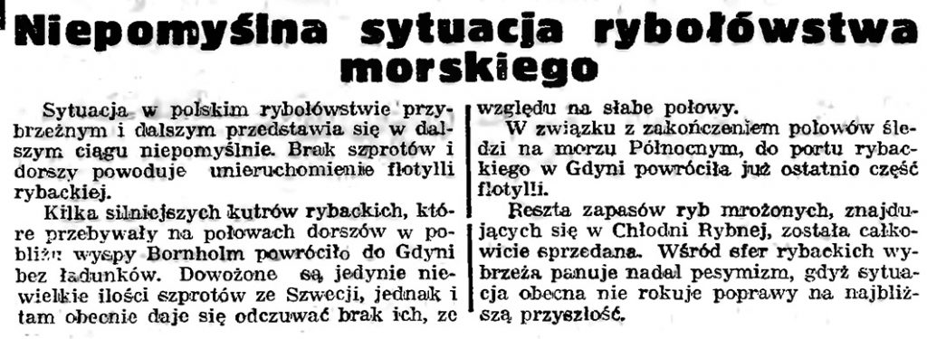 Niepomyślna sytuacja rybołówstwa morskiego // Gazeta Gdyńska. - 1939, nr 5, s. 7