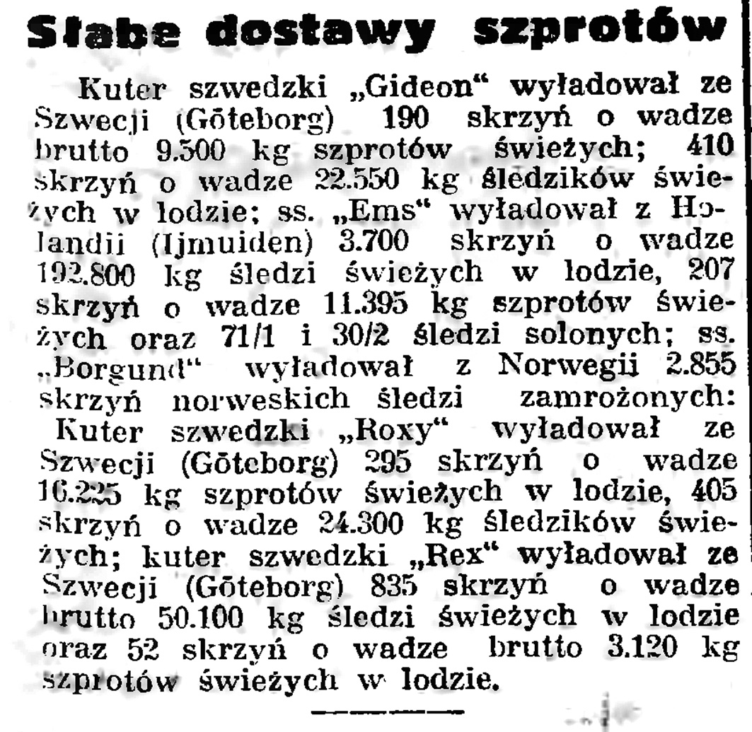 Słabe dostawy szprotów // Gazeta Gdańska. - 1939, nr 5, s. 7