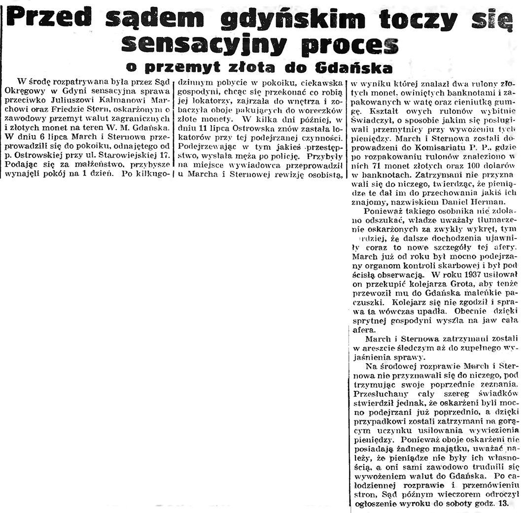 Przed sądem gdyńskim toczy się sensacyjny proces o przemyt złota do Gdańska // Gazeta Gdańska. - 1939, nr 6, s. 13