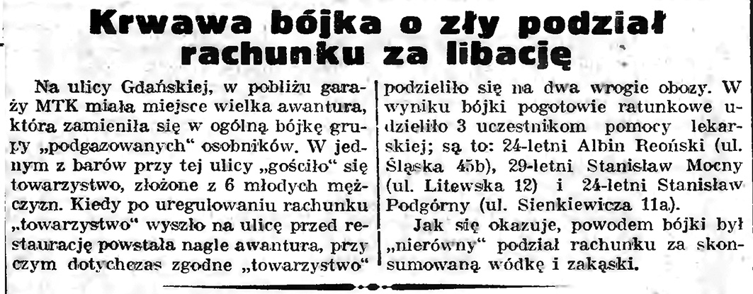 Krwawa bójka o zły podział rachunku za libację // Gazeta Gdańska. - 1939, nr 6, s. 13
