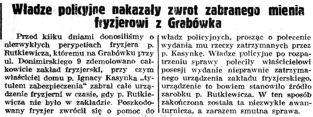 Władze policyjne nakazały zwrot zabranego mienia fryzjerowi z Grabówka // Gazeta Gdańska. - 1939, nr 6, s.13