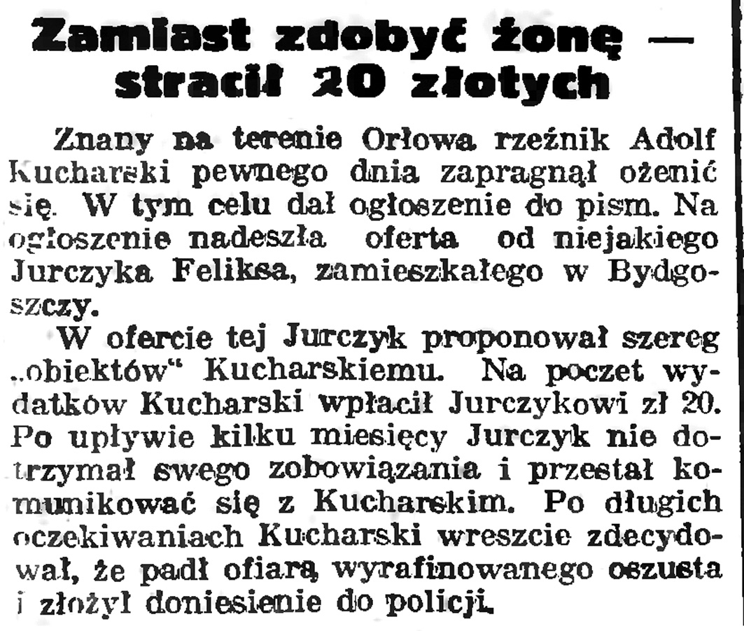 Zamiast zdobyć żonę - stracił 20 złotych // Gazeta Gdańska. - 1939, nr 6, s. 13
