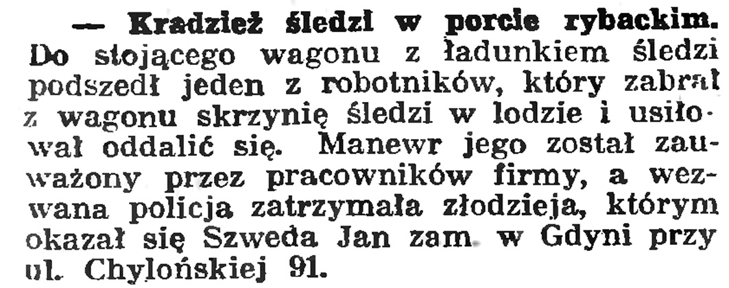Kradzież śledzi w porcie rybackim // Gazeta Gdańska. - 1939, nr 6, s. 14