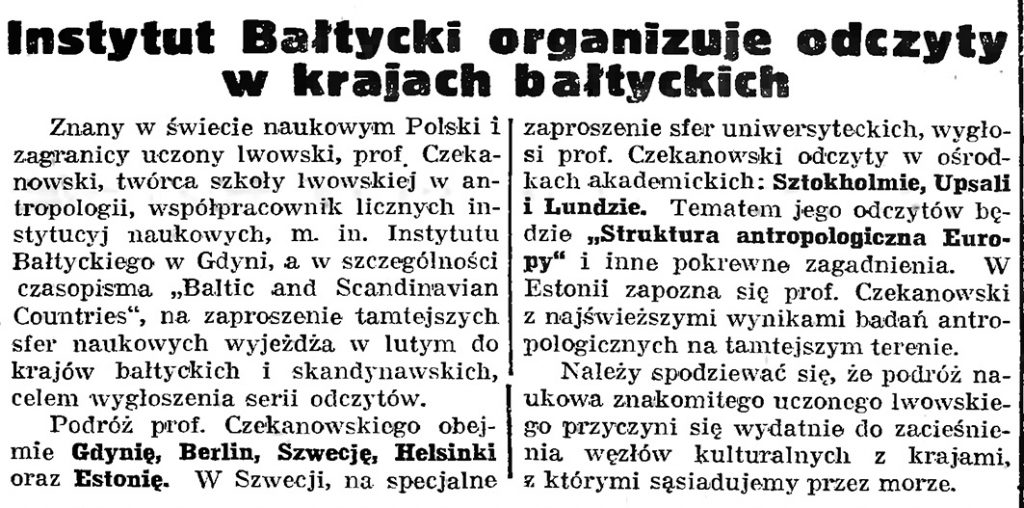 Instytut Bałtycki organizuje odczyty w krajach bałtyckich // Gazeta Gdańska. - 1939, nr 8, s. 7