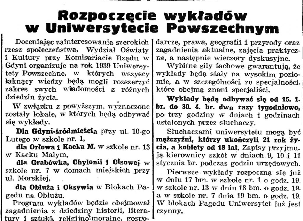 Rozpoczęcie wykładów w Uniwersytecie Powszechnym // Gazeta Gdańska. - 1939, nr 8, s. 7