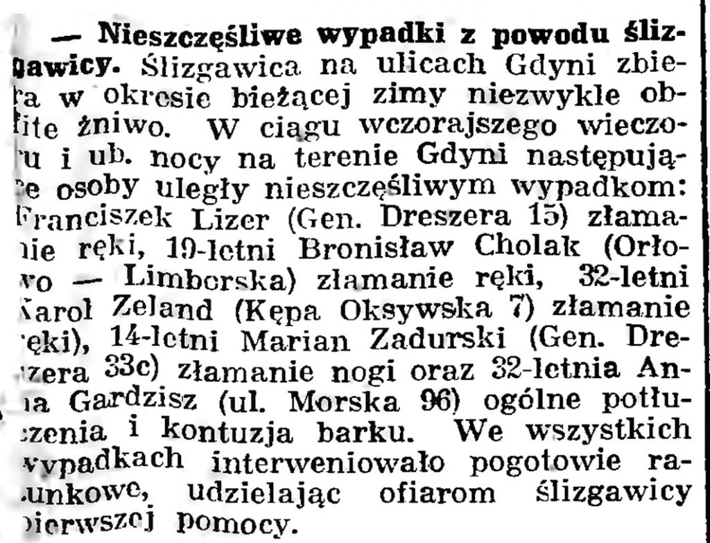 Nieszczęśliwe wypadki z powodu ślizgawki // Gazeta Gdańska. - 1939, nr 8, s. 7