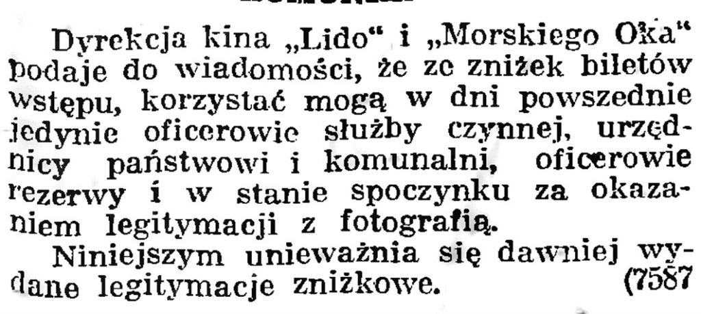 [Zniżki biletów w kinie "Lido" i "Morskie Oko"] // Gazeta Gdańska. - 1939, nr 8, s. 7