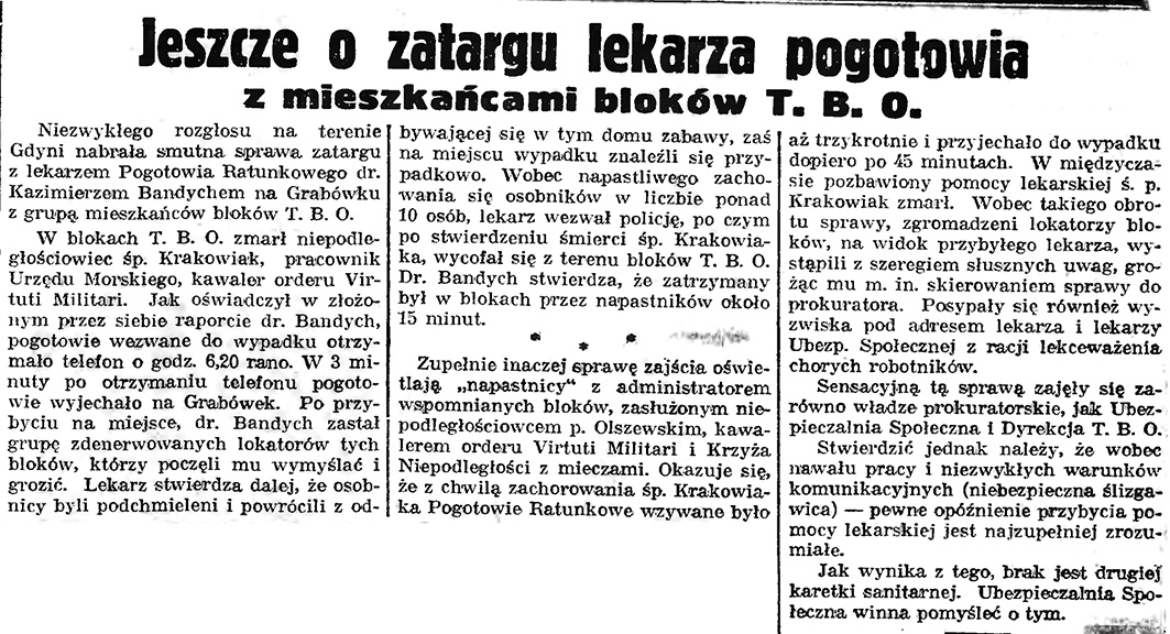 Jeszcze o zatargu lekarza pogotowia z mieszkańcami bloków T. B. O. // Gazeta Gdańska. - 1939, nr 8, s. 9