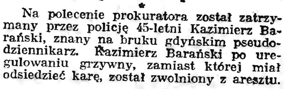 [Zatrzymanie Kazimierza Barańskiego] // Gazeta Gdańska. - 1939, nr 9, s. 7