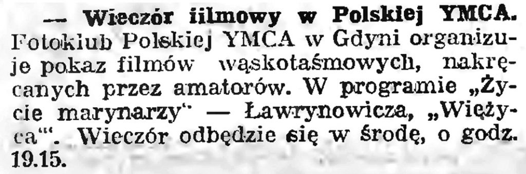 Wieczór filmowy w Polskiej YMCA // Gazeta Gdańska. - 1939, nr 9, s. 7