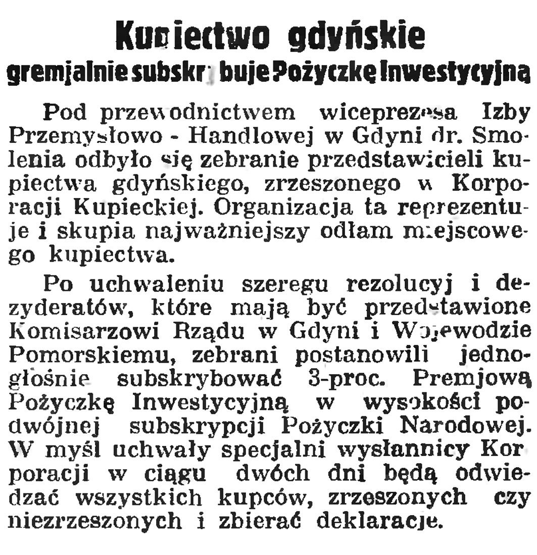 Kupiectwo gdyńskie gremjalnie subskrybuje Pożyczkę Inwestycyjną // Gazeta Gdańska. - 1935, nr 104, s. 6