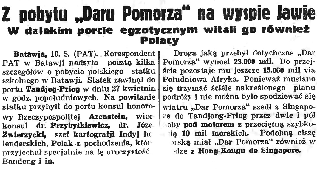 Z pobytu "Daru Pomorza" na wyspie Jawie. W dalekim porcie egzotycznym witali go również Polacy // Gazeta Gdańska. - 1935, nr 105, s 2
