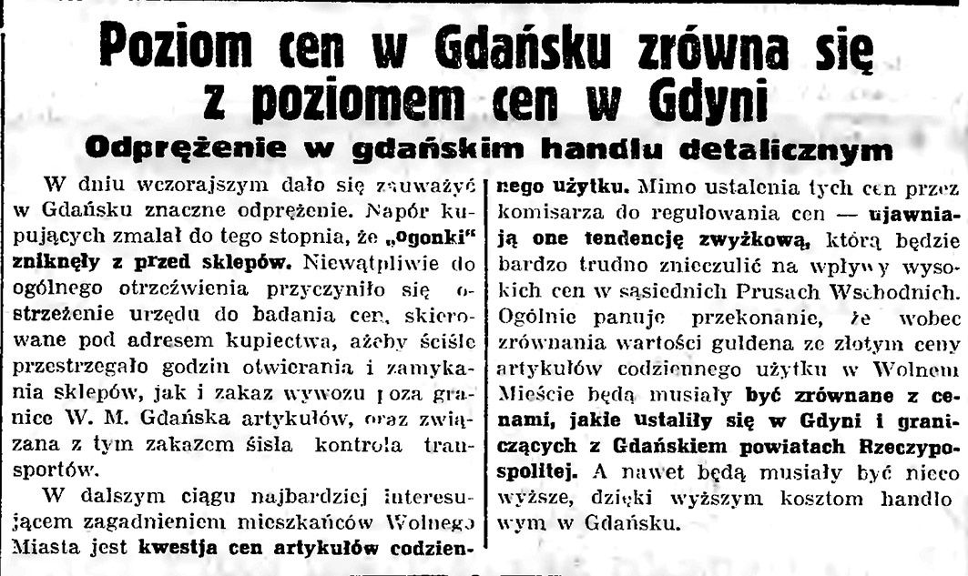 Poziom cen w Gdańsku zrówna się z poziomem cen w Gdyni. Odprężenie w Gdańskim handlu detalicznym // Gazeta Gdańska. - 1935, nr 105, s. 4