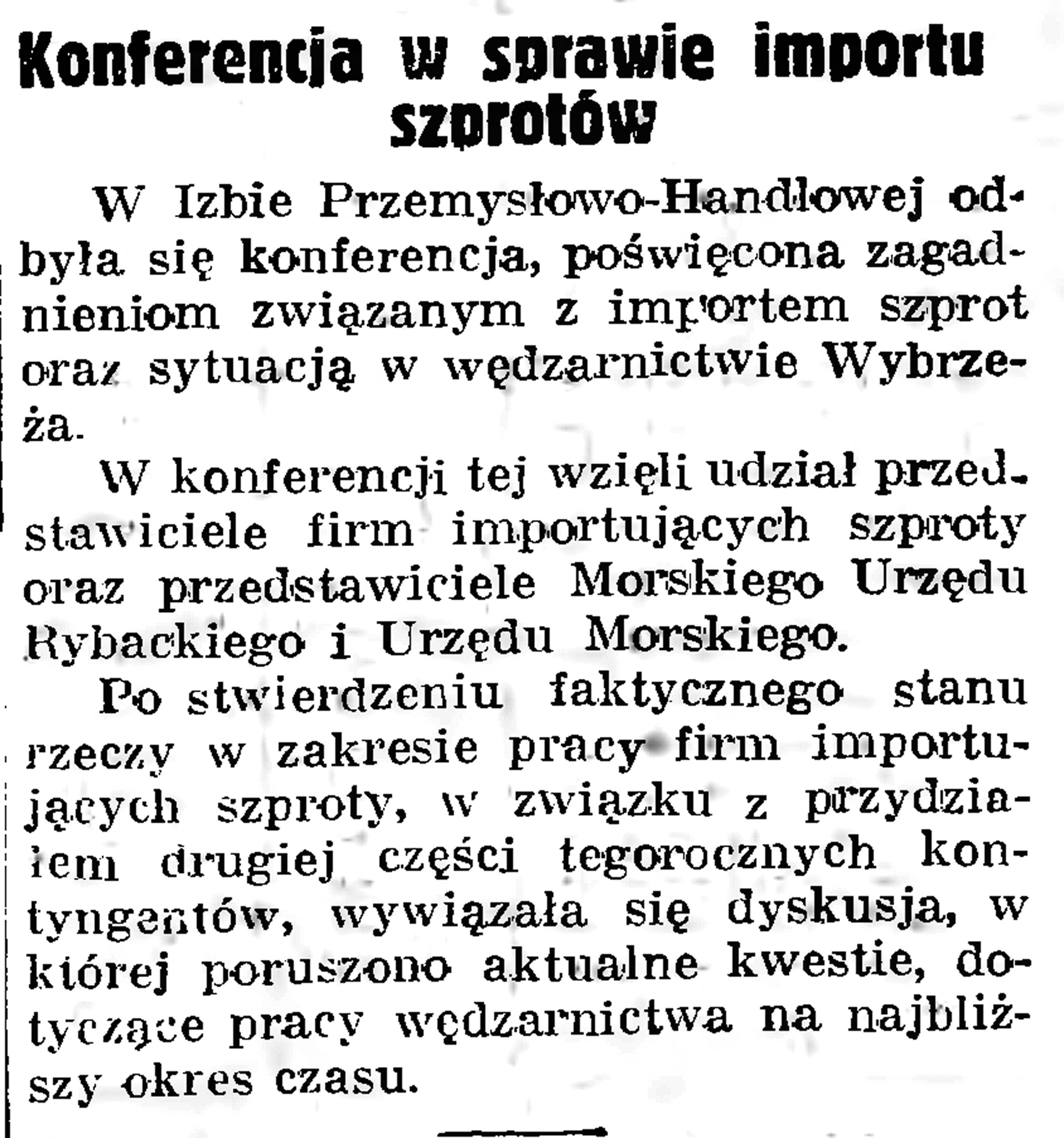 Konferencja w sprawie importu szprotów // Gazeta Gdańska. - 1935, nr 12, s. 12