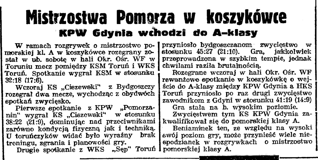 Mistrzostwa Pomorza w koszykówce. KPW Gdynia wchodzi do A-klasy // Gazeta Gdańska. - 1939, nr 13, s. 4