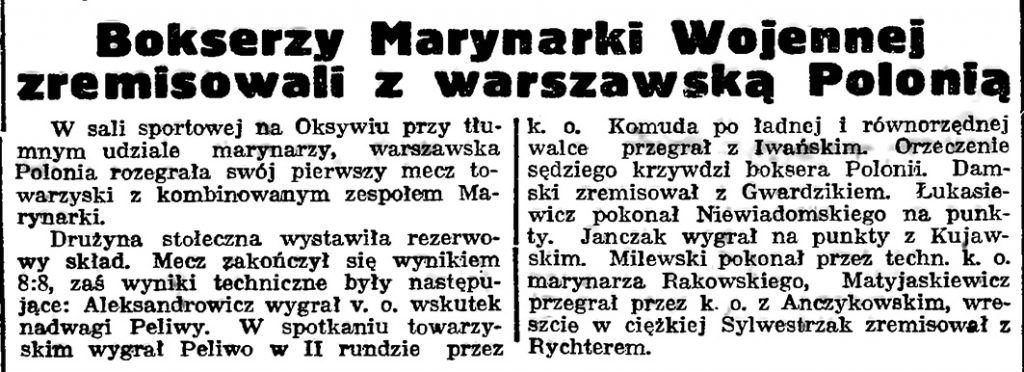 Bokserzy Marynarki Wojennej zremisowali z warszawską Polonią // Gazeta Gdańska. - 1939, nr 13, s. 4