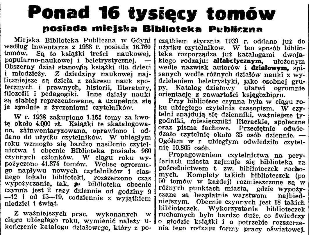 Ponad 16 tysięcy tomów posiada miejska Biblioteka Publiczna // Gazeta Gdańska. - 1939, nr 14, s. 7