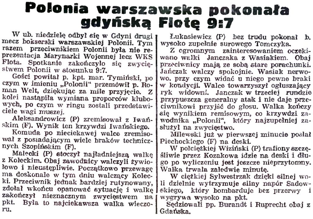 Polonia warszawska pokonała gdyńską Flotę 9:7 // Gazeta Gdańska. - 1939, nr 15, s. 4