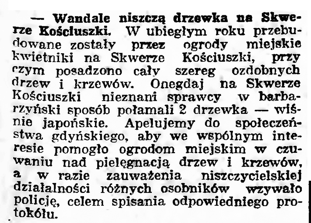 Wandale niszczą drzewka na Skwerze Kościuszki // Gazeta Gdańska. - 1939, nr 15, s. 7