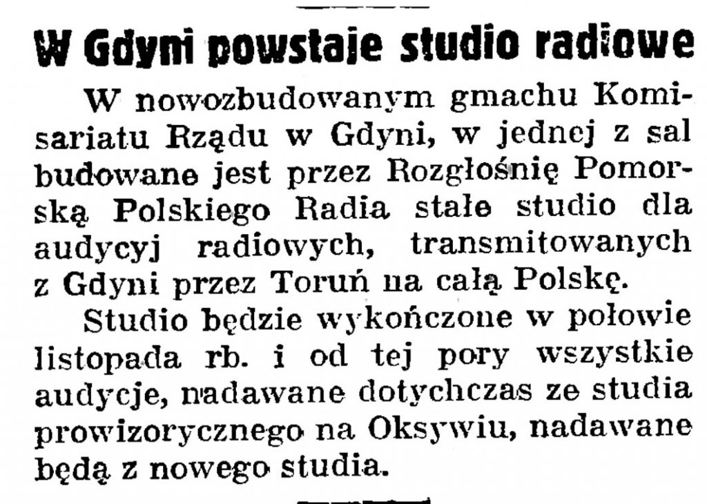 W Gdyni powstaje studio radiowe // Gazeta Gdańska. - 1939, nr 250, s. 6