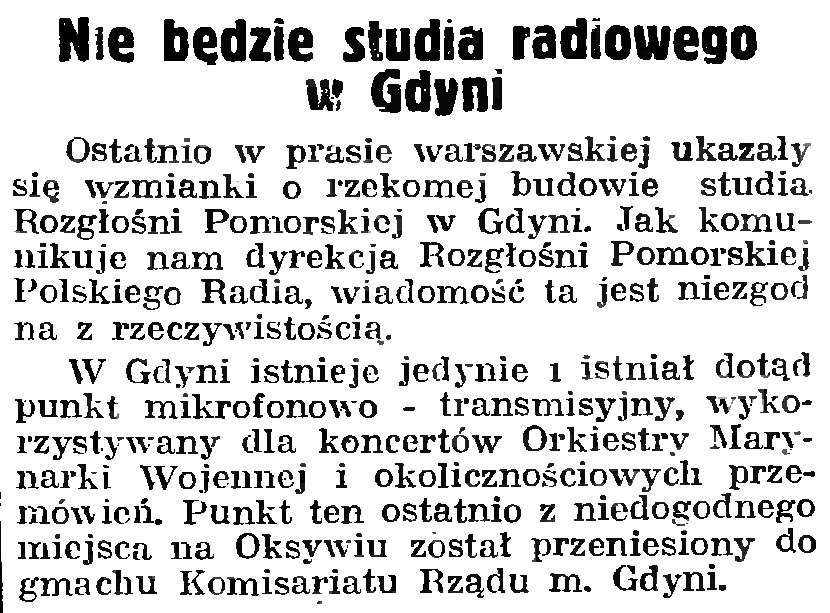 Nie będzie studia radiowego w Gdyni // Gazeta Gdańska. - 1939, nr 252, s. 8