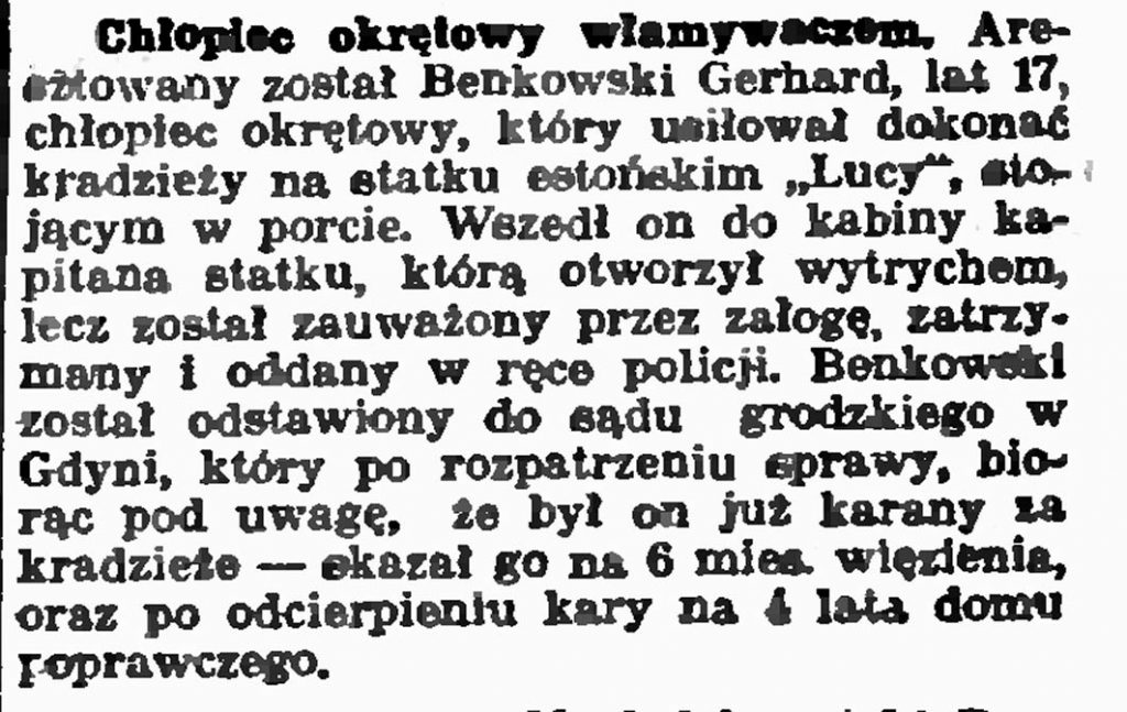 Chłopiec okrętowy włamywaczem // Słowo Pomorskie. - 1935, nr 5, s. 6