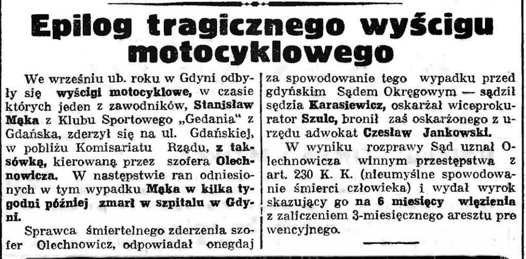 Epilog tragicznego wyścigu motocyklowego // Gazeta Gdańska. - 1937, nr 4, s. 13