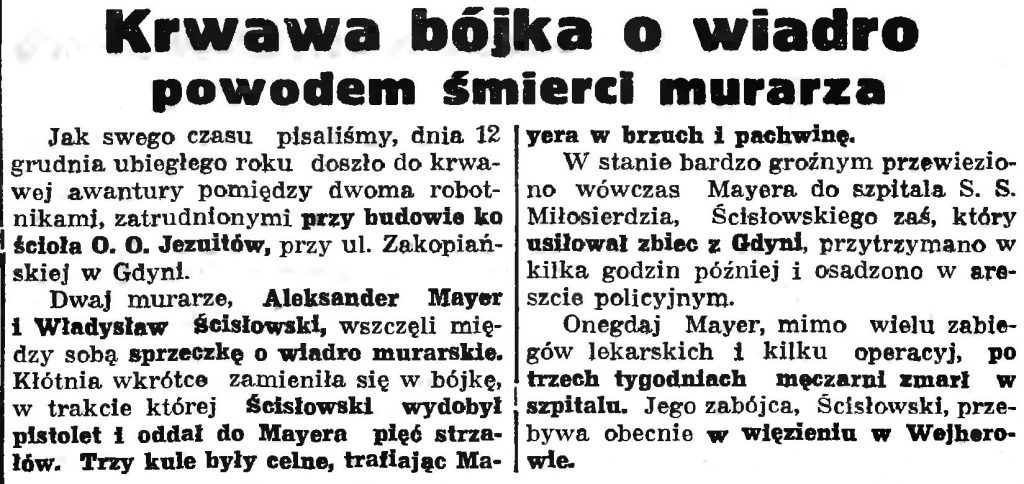 Krwawa bójka o wiadro powodem śmierci murarza // Gazeta Gdańska. - 1937, nr 4, s. 13