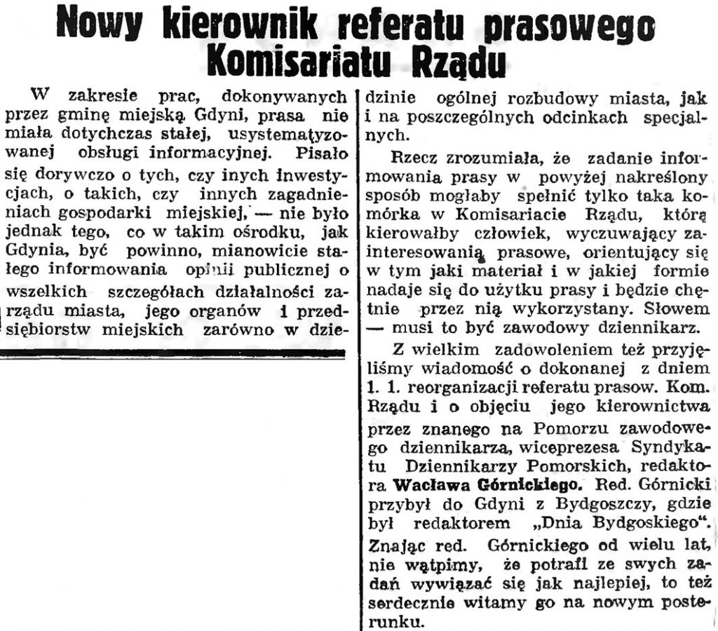 Nowy kierownik referatu prasowego Komisariatu Rządu // Gazeta Gdańska. - 1937, nr 4, s. 13