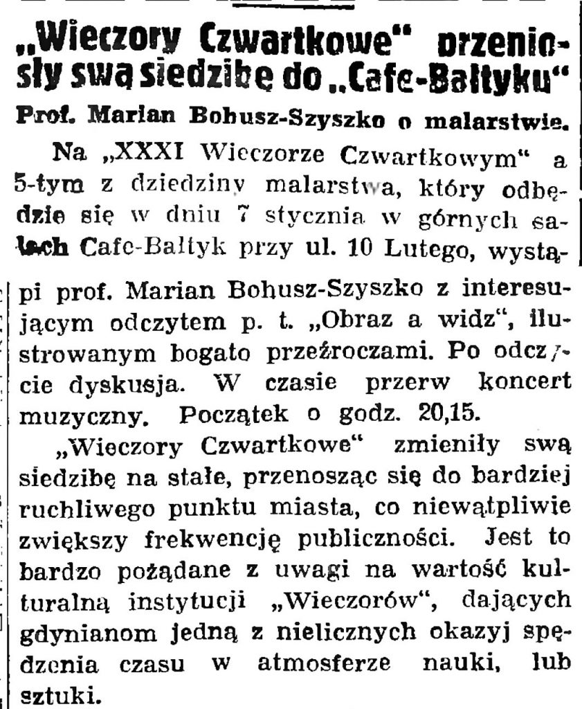 "Wieczory Czwartkowe" przeniosły swą siedzibę do "Cafe-Bałtyku" // Gazeta Gdańska. - 1937, nr 4, s. 13