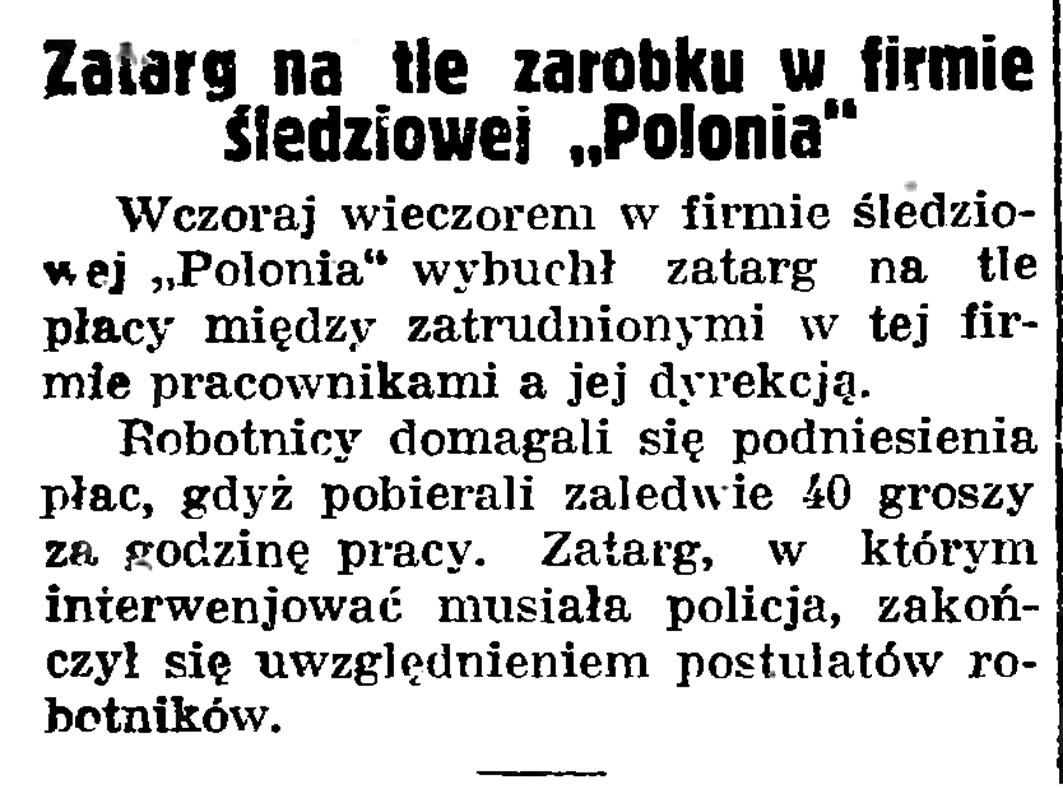 Zatarg na tle zarobku w firmie śledziowej "Polonia" // Gazeta Gdańska. - 1935m nr 26, s. 8