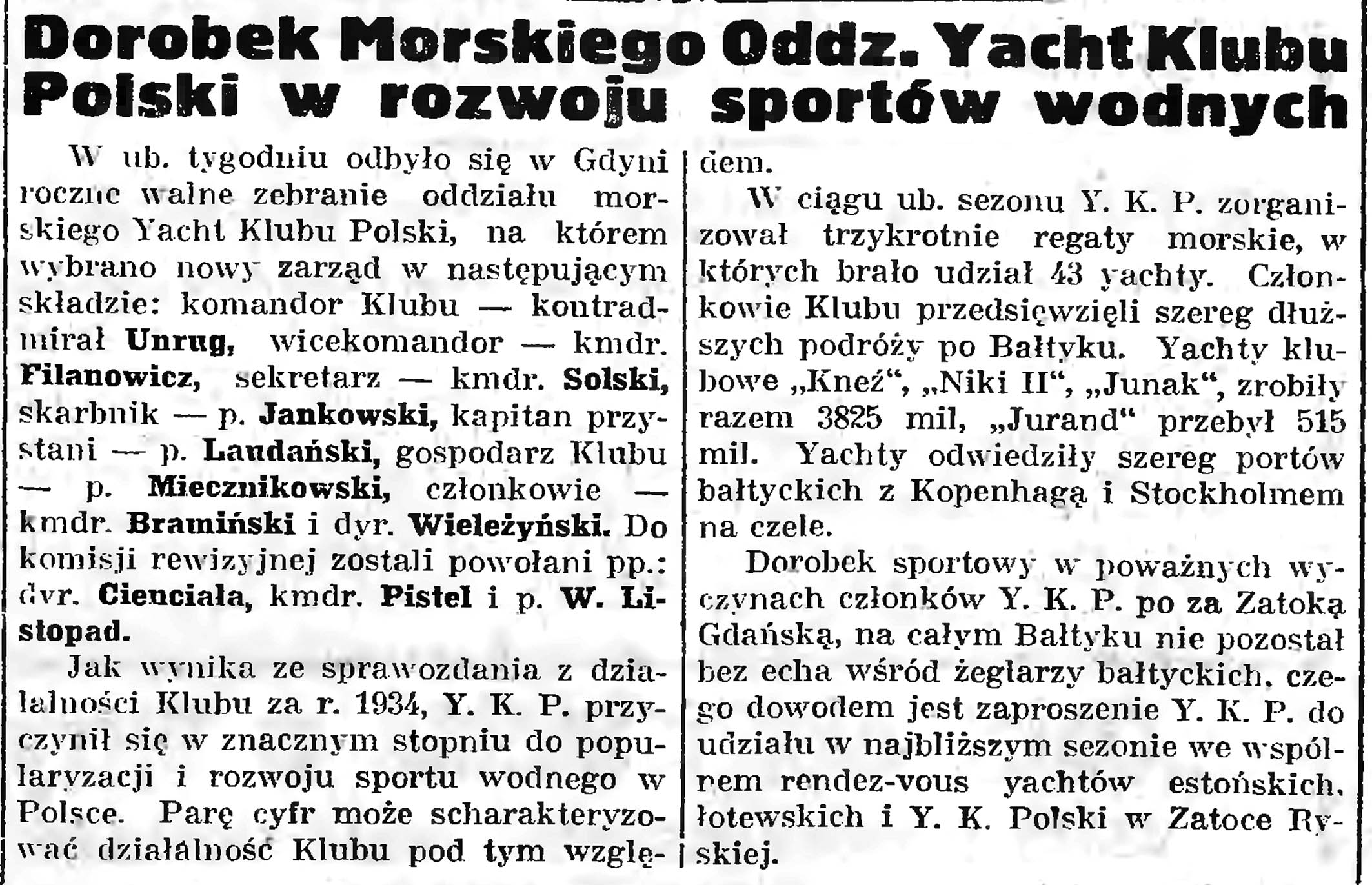Dorobek Morskiego Oddz. Yacht Klubu Polski w rozwoju sportów wodnych // Gazeta Gdańska. - 1935, nr 47, s. 5