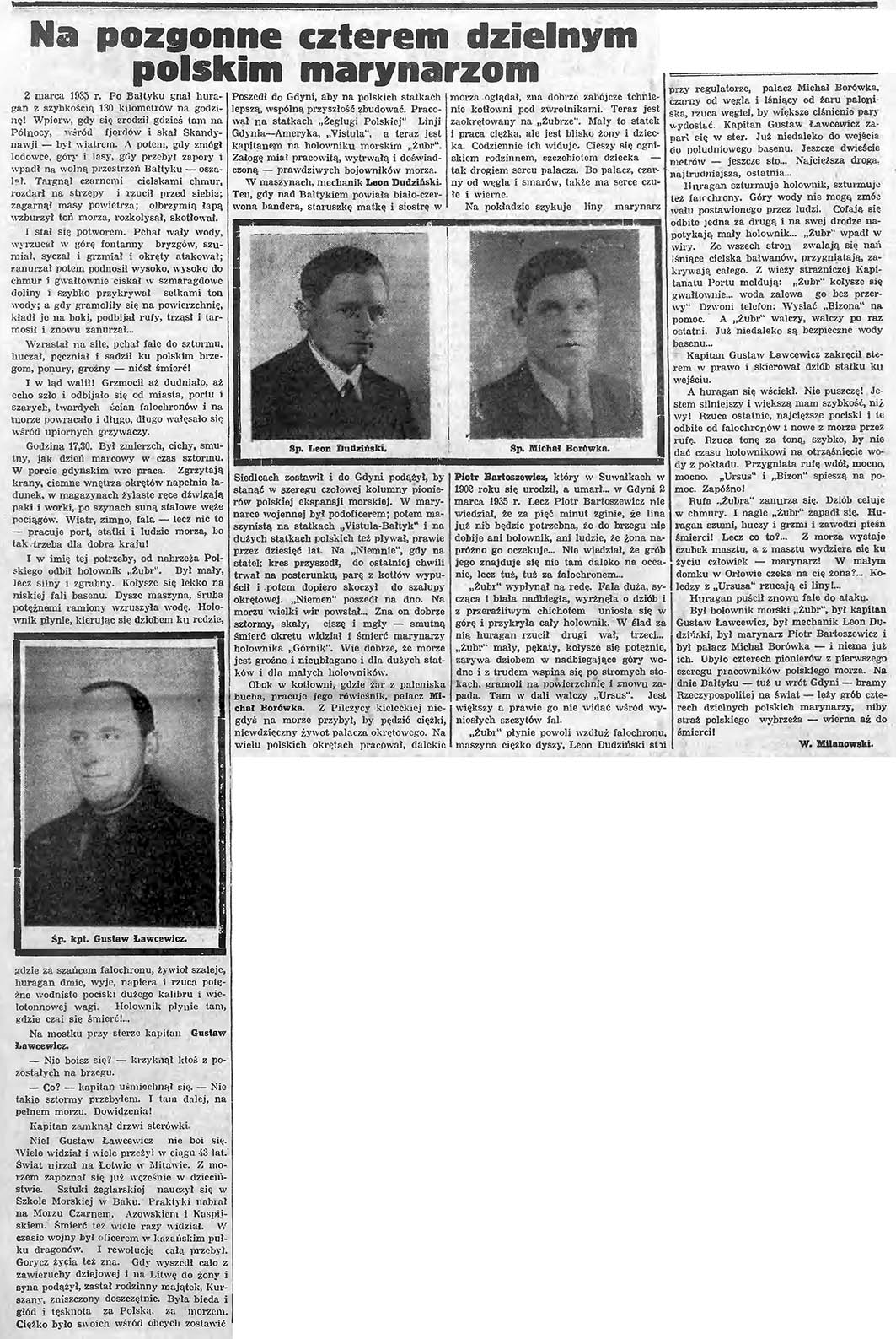 Na pozgonne czterem dzielnym polskim marynarzom // Gazeta Gdańska. - 1935, nr 56, s. 3. - Portr.