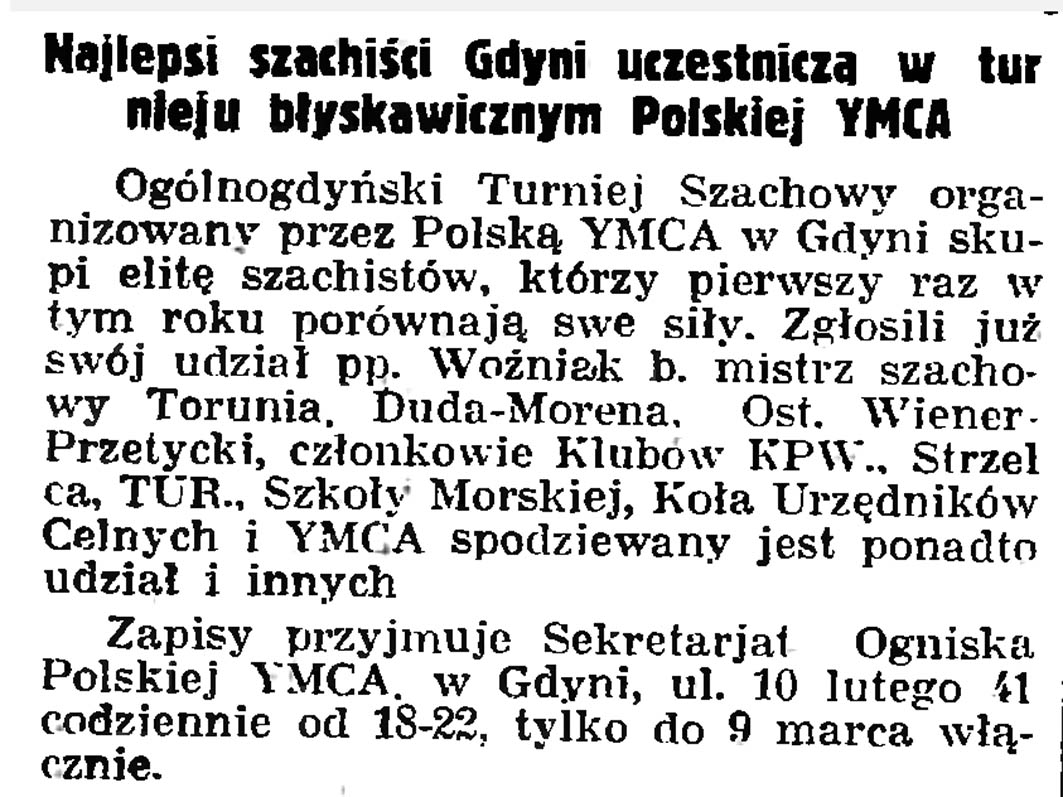 Najlepsi szachiści Gdyni uczestniczą w turnieju błyskawicznym Polskiej YMCA // Gazeta Gdańska. - 1935, nr 57, s. 8