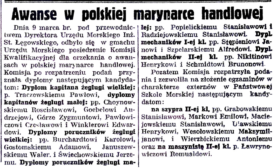 Awanse w polskiej marynarce handlowej // Gazeta Gdańska. - 1935, nr 59, s. 5