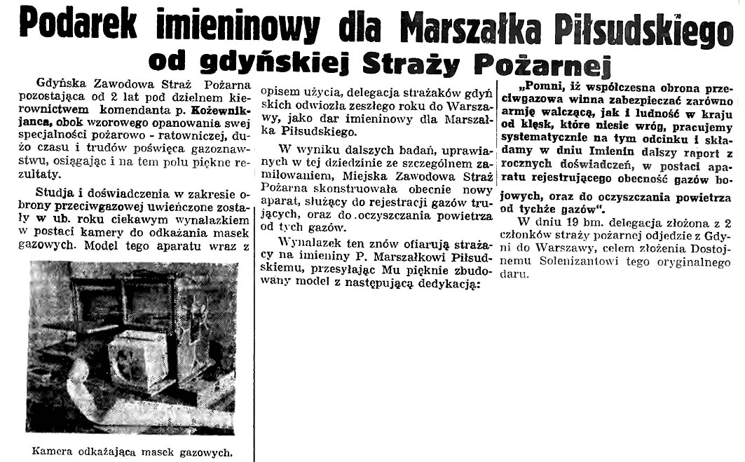 Podatek imieninowy dla Marszałka Piłsudskiego od gdyńskiej Straży Pożarnej // Gazeta Gdańska. - 1935, nr 66, s. 7